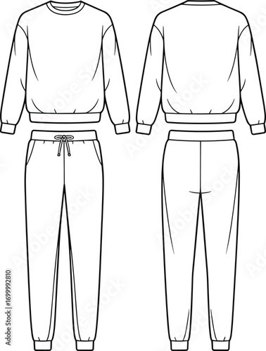 Sweatshirt and jogger pants fashion flat sketch, technical CAD drawing, loungewear vector template, casual clothing design, garment outline, apparel illustration, vector
