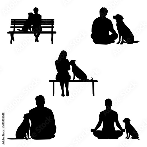 People with dogs silhouettes  training, walking, obedience, and bonding activities vector illustration for pets, family, and lifestyle design projects