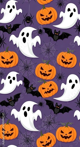 Vibrant Halloween Pattern with Cartoon Ghosts, Jack-o'-lanterns, Bats, and Spiders on a Spooky Purple Background - Festive Holiday Design