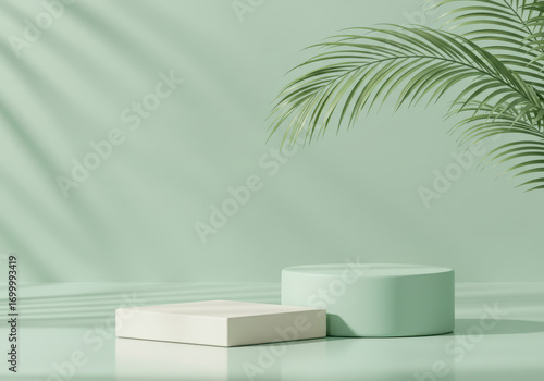 Wallpaper Mural Serene pastel pedestals with palm frond shadows ideal for product showcase Torontodigital.ca