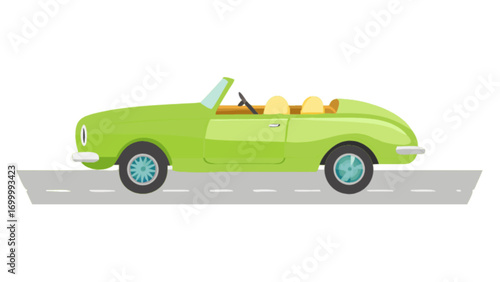 Illustration of green vintage convertible car driving on road transportation design