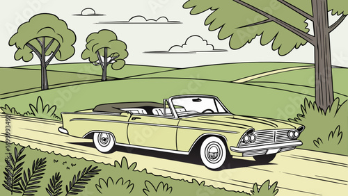 Vintage convertible car driving on scenic road illustration classic vehicle art