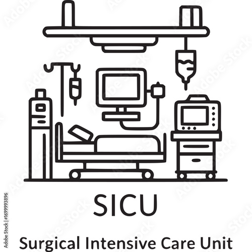 Sicu icon isolated on white background this line drawing depicts a surgical intensive care unit, suitable for medical, healthcare, or hospitalrelated designs