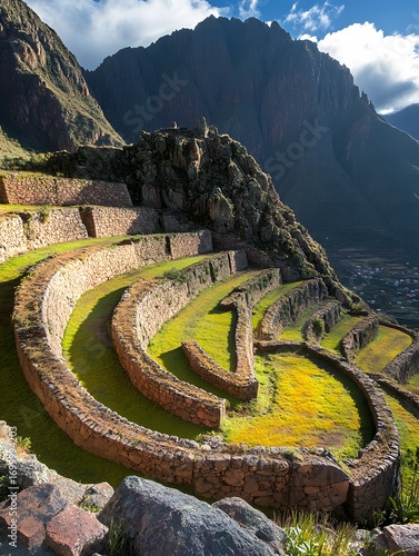 Ancient agricultural terraces winding across the hillside with mountains in the background.