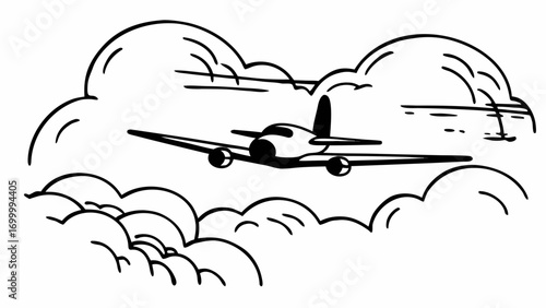 Airplane flying through clouds simple black and white line art illustration