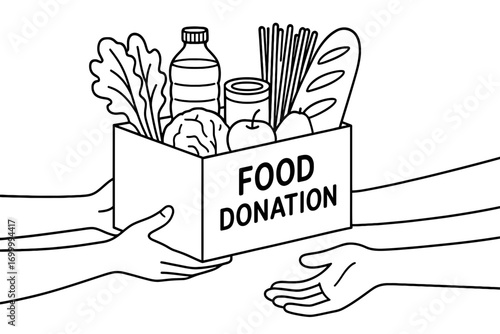 Hands giving food donation box with groceries charity support hunger relief illustration