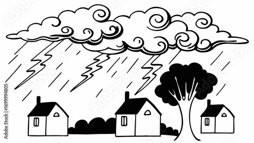 Hand Drawn Illustration of a Stormy Day with Rain Lightning and Houses