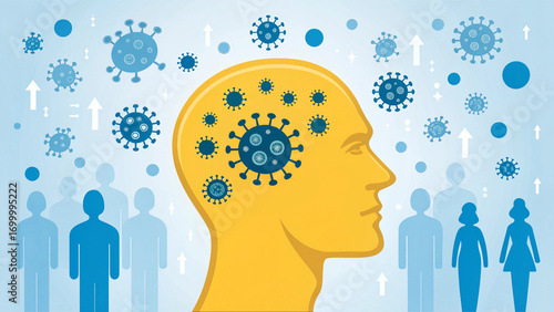 The Increase in Mental Stress During a Pandemic, Symbolized by a Head with Viruses and Upward Arrows in the Background