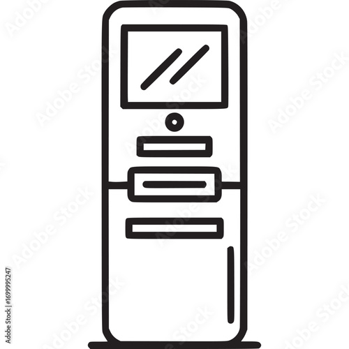 Automated kiosk isolated on white background, featuring a screen, card reader, and payment slots, designed for selfservice transactions and information access in public spaces