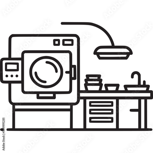 Commercial dishwasher isolated on white background, showcasing a professional kitchen setup with a washing machine, sink, and counter, designed for efficient dish cleaning in restaurants