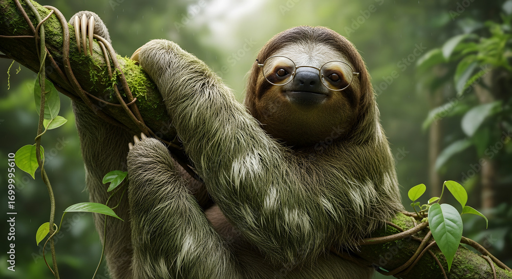 Fototapeta premium Cute Sloth Wearing Glasses Hanging on a Mossy Branch in the Rainforest