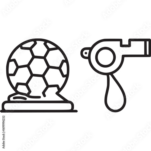 Sports education concept a line art illustration of a soccer ball on a stand and a whistle, isolated on white background perfect for sports clubs, training programs, and educational content