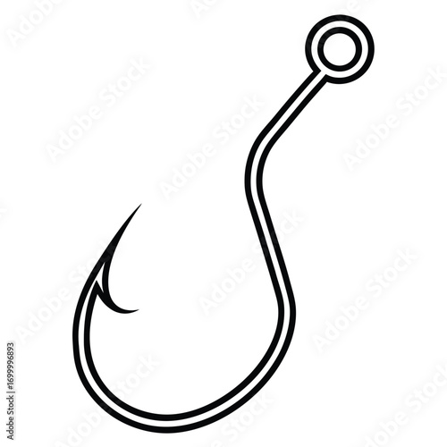 Black outline of a fishing hook with a circular eye on a white background angling tackle