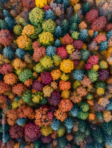 Vibrant Autumnal Forest Canopy: A Colorful Aerial View of Changing Leaves