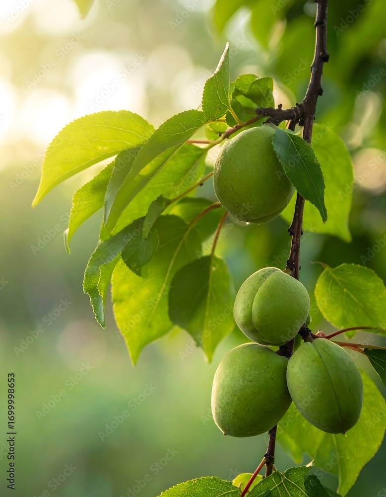 Fototapeta premium Fresh, vibrant green apricots hang on a branch, illuminated by soft sunlight filtering through lush green leaves.