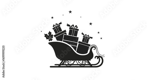 Silhouette of a Christmas sleigh loaded with presents, surrounded by stars and holly.