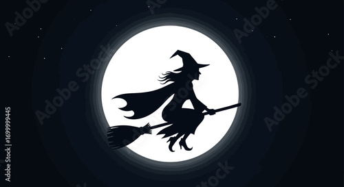 Silhouette of a witch flying on a broomstick in front of a full moon at night.