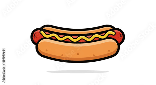 Cartoon illustration of a hot dog in a bun, topped with mustard, on a white background.