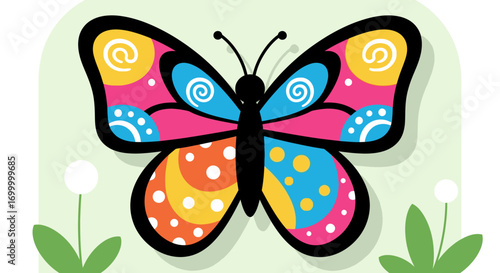 Colorful illustrated butterfly with patterned wings and delicate antennae, resting.