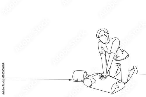 Continuous line drawing of a man practicing CPR chest compressions on a mannequin, representing health concept for National CPR and AED Awareness in lifesaving emergency training.