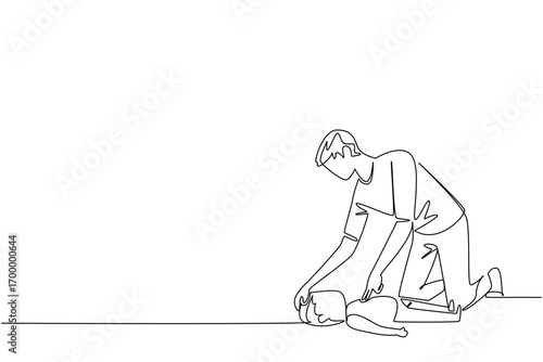 Continuous line drawing of a man checking the airway of a patient lying on the ground, illustrating health concept for National CPR and AED Awareness to encourage quick emergency response.
