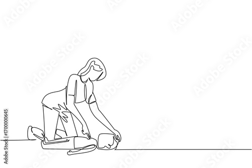 Single line drawing of a woman checking the airway of a patient on the ground, representing health concept for National CPR and AED Awareness to promote emergency life-saving skills.