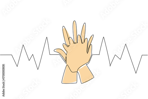 National CPR and AED Awareness scene showing a group practicing CPR, community health concept in continuous line drawing style, promoting teamwork in emergency medical preparedness and response.