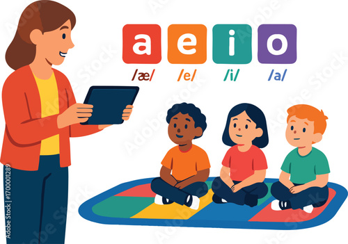 Tableau sur toile Teacher using AR to overlay phonics labels on a classroom rug while kids sit aro