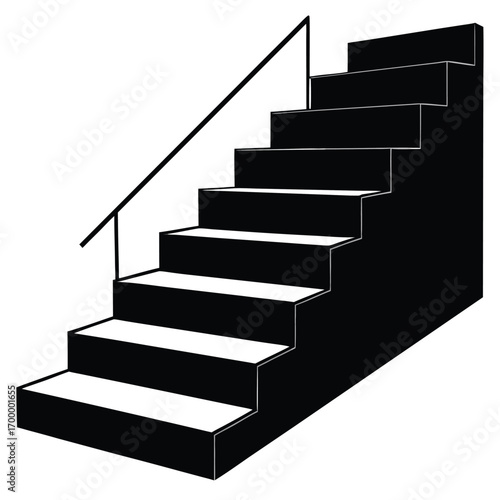 Black Silhouette of Stairs with a Handrail on White Background Keywords: stairs, staircase, steps, handrail, silhouette, architecture, building