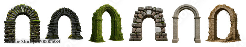 Stone archways set including mossy, rocky, weathered, brick, and ruined designs isolated. Versatile architectural elements for fantasy and historical projects.
