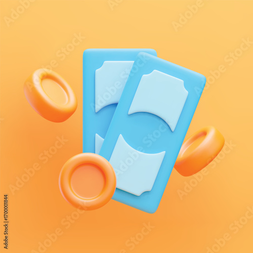 3D money icon. Paper banknote and gold floating coins. Vector symbol of cash payment bill. Financial sign, win lottery concept, investment, banking. Vector illustration on white yellow background