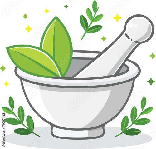 A mortar and pestle with fresh green herbs and leaves. A vector illustration for concepts of herbal medicine, pharmacy, natural remedies, and aromatherapy. Generative AI