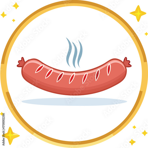 A simple icon of a hot, steaming sausage in a circle with stars. A vector logo for a butcher, restaurant, or German food festival like Oktoberfest. Generative AI