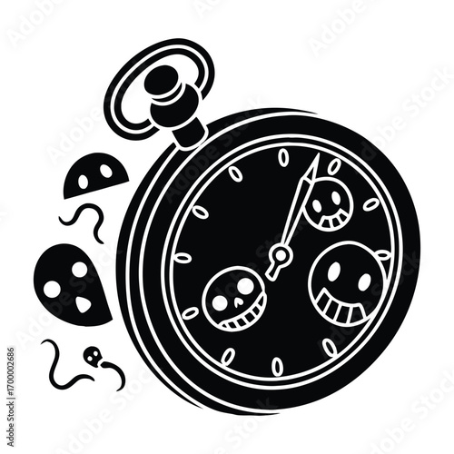 Broken Pocket Watch With Tiny Grinning Skulls, Creepy Gothic Illustration, Spooky Halloween Vector, Dark Vintage Design
