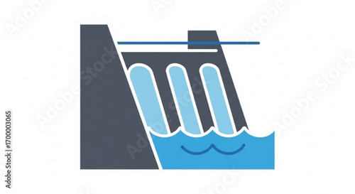 Powerful hydroelectric dam generating clean renewable energy with cascading water streams and blue ocean waves, symbolizing sustainable power and industrial progress
