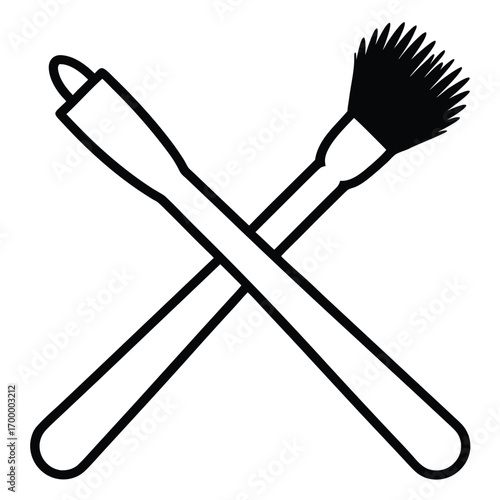 Crossed Makeup Brush and Eyeliner Pen Outline Icon Vector Illustration beauty