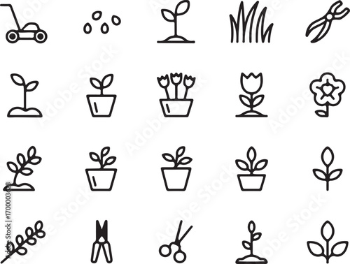 Gardening and Agriculture Tools Outline Icons on Transparent Background Vector