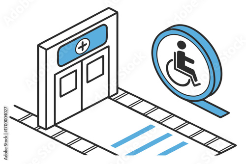 Accessible Hospital Entrance with Wheelchair Symbol.