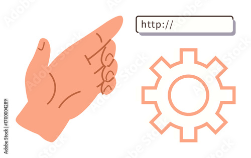 Hand pointing at a URL bar beside a gear icon, representing web navigation, technology, settings, optimization, and functionality. Ideal for user interface, web development, digital tools tech