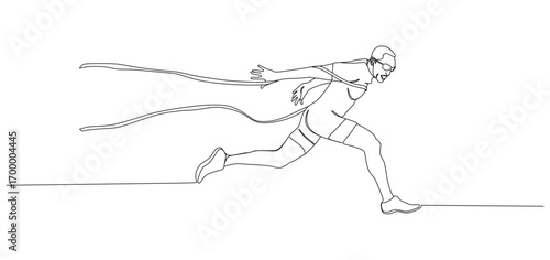 Minimalist one line drawing of a sprinter crossing the finish line in a race. The athlete is running at full speed with ribbons breaking behind them, symbolizing victory, determination