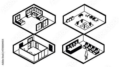 Modern office layouts visualized in isometric architectural diagrams