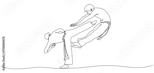 Minimalist one line drawing of two martial artists practicing a high kick and self-defense technique. One person is executing a powerful kick while the other reacts, showing motion, discipline