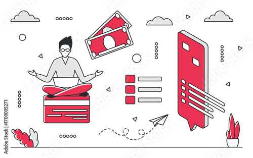 Business expert meditating with laptop, surrounded by money, chat bubbles, and digital icons, representing online consulting and financial advice, isolated on white background vector illustration