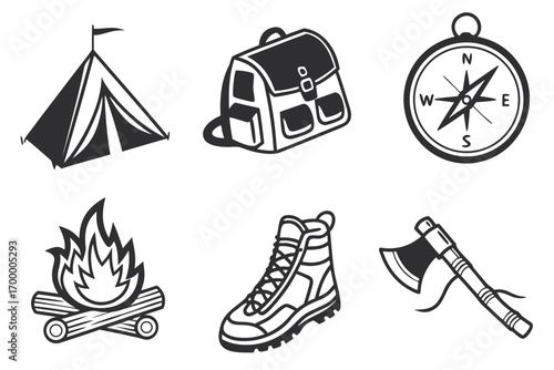 Camping and Outdoor Adventure Gear Icons.