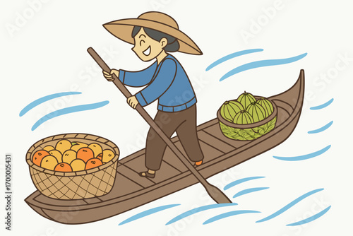 Cheerful person rowing boat with fruit baskets.