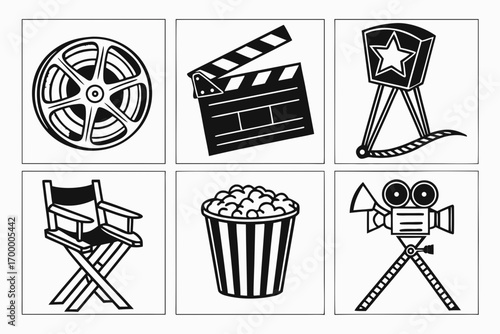 Cinema Icons Collection Film Reel Clapperboard Star Chair Popcorn Camera.