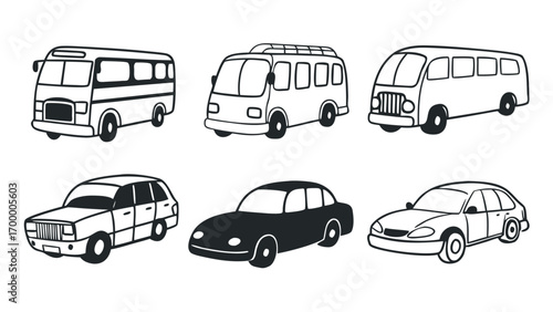 Diverse collection of vehicles, including buses and cars, for transportation themes