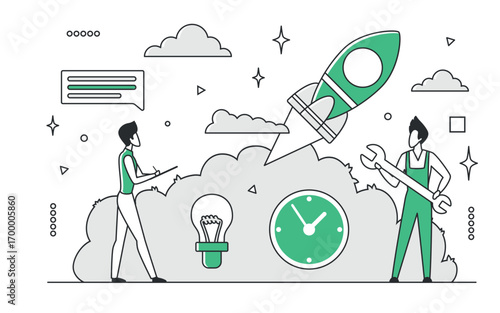 Business team launching green rocket with clock, lightbulb, and tools, symbolizing financial success, innovation, and productivity, isolated on white background vector illustration