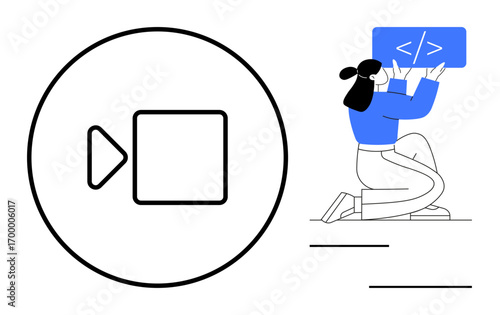 Developer kneeling with coding screen beside video icon. Ideal for technology, coding, programming, video tutorials, web development, online learning, digital tools, simple landing page