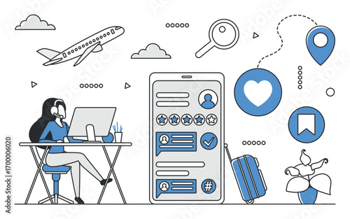 Woman booking flights online with computer, mobile app interface, airplane, suitcase, and travel icons in blue monocolor style, isolated on white background vector illustration
